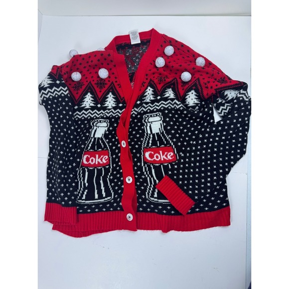 Coca-Cola Ugly Christmas Cardigan Sweater Polar Bear Pom Poms Large - Picture 2 of 5